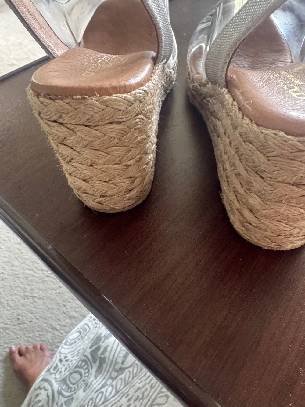 Andre Assous Beige and white Slingback Espadrille Wedges with Floral Accent
